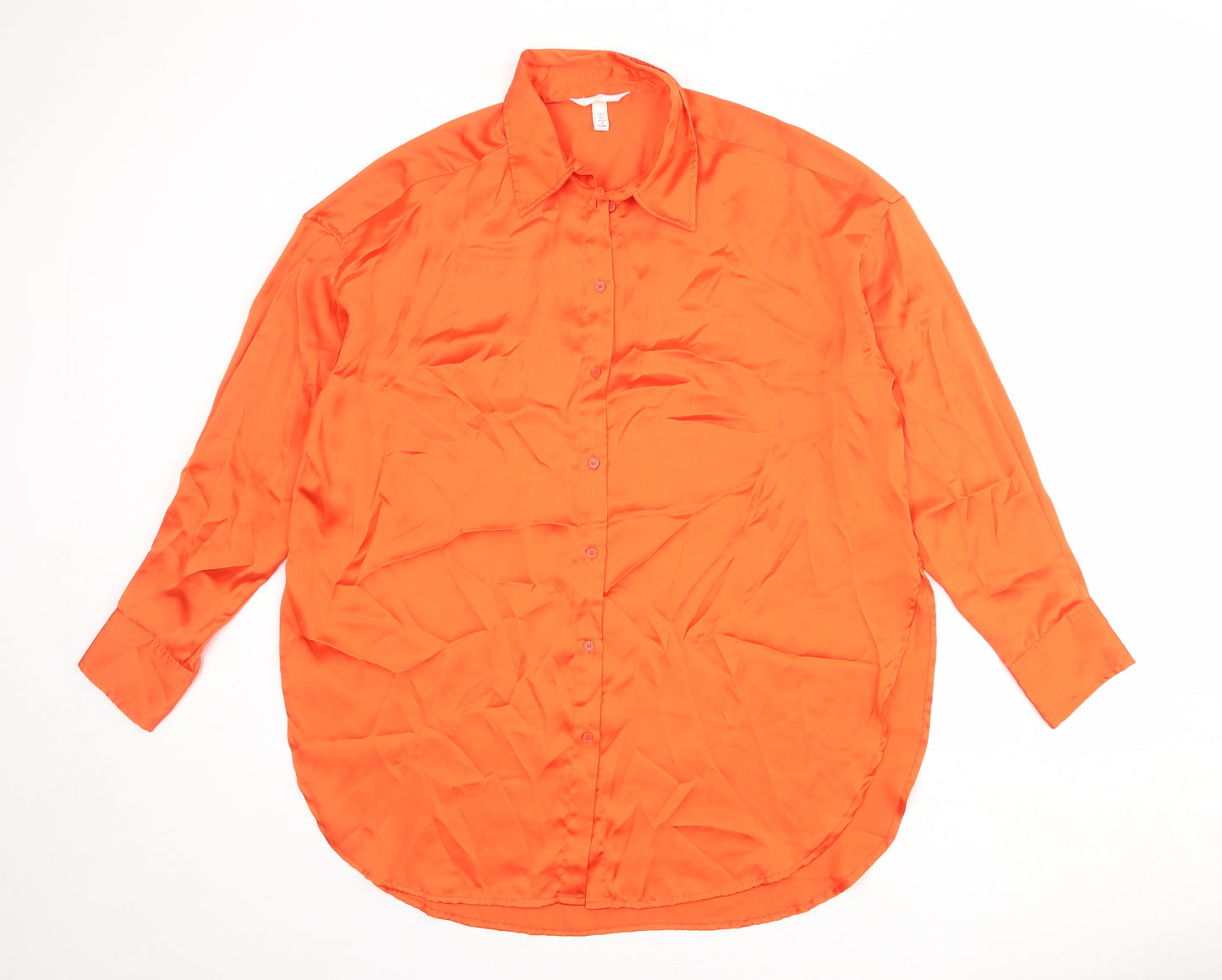 H&M Womens Orange Polyester Basic Button-Up Size S Collared