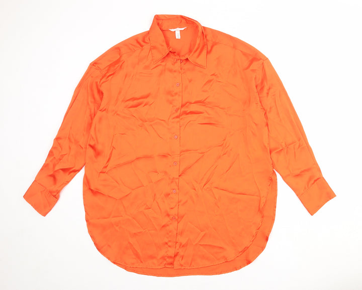 H&M Womens Orange Polyester Basic Button-Up Size S Collared