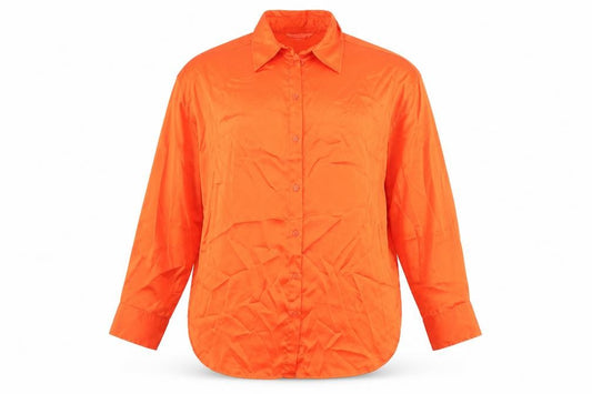 Front view of H&M women’s orange polyester basic button-up, size S, collared