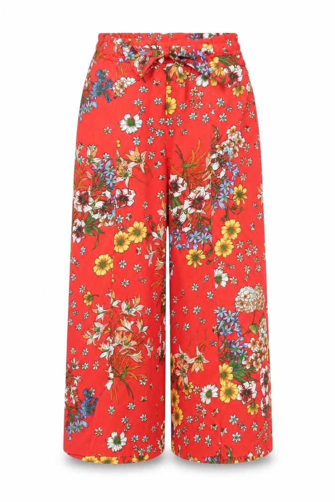 Front view of Japna women’s red floral polyester trousers, size S, regular