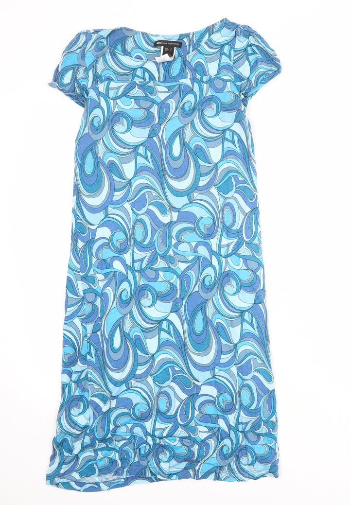 Mango Womens Blue Geometric Viscose A-Line Size S Boat Neck Pullover