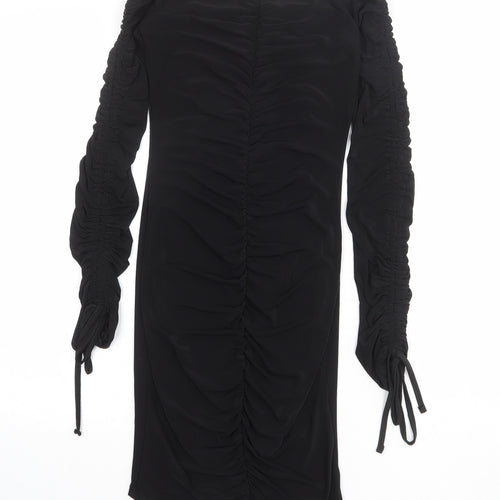 PRETTYLITTLETHING Womens Black Polyester Mini Size 6 Off the Shoulder Pullover - Tie Sleeve Detail