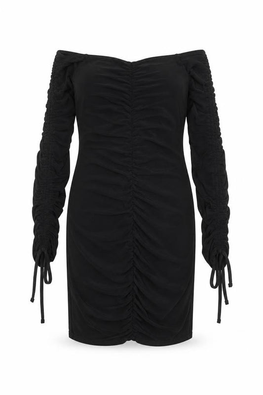 Front view of PRETTYLITTLETHING women’s black polyester mini, size UK 6, off the shoulder pullover - tie sleeve detail