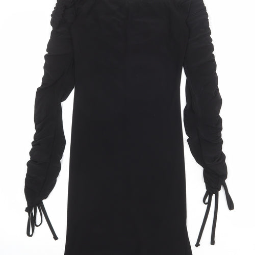 PRETTYLITTLETHING Womens Black Polyester Mini Size 6 Off the Shoulder Pullover - Tie Sleeve Detail