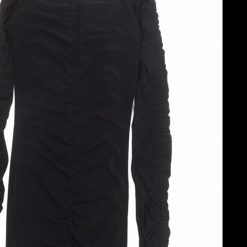 PRETTYLITTLETHING Womens Black Polyester Mini Size 6 Off the Shoulder Pullover - Tie Sleeve Detail