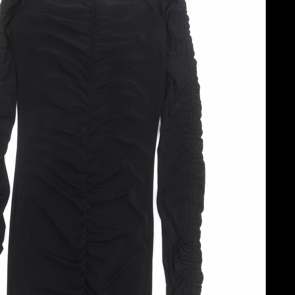 PRETTYLITTLETHING Womens Black Polyester Mini Size 6 Off the Shoulder Pullover - Tie Sleeve Detail