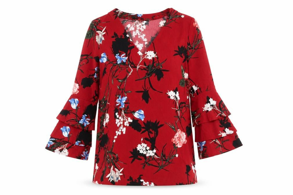 Front view of Lola May women’s red floral polyester trapeze & swing, size UK 10, v-neck pullover