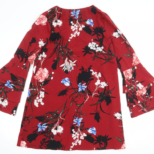 Lola May Womens Red Floral Polyester Trapeze & Swing Size 10 V-Neck Pullover