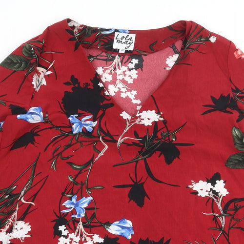 Lola May Womens Red Floral Polyester Trapeze & Swing Size 10 V-Neck Pullover
