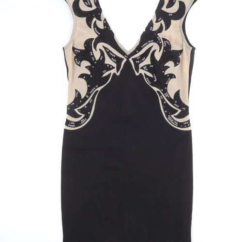 Lipsy Womens Black Geometric Polyester Pencil Dress Size 12 V-Neck Pullover - Plunging Neckline