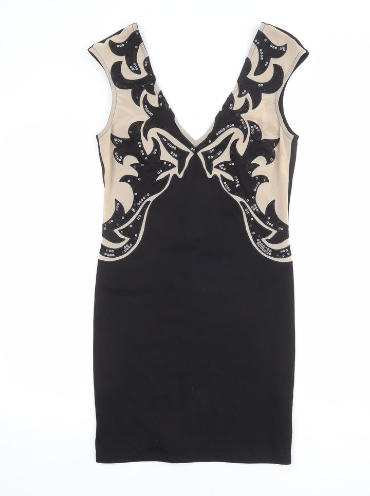 Lipsy Womens Black Geometric Polyester Pencil Dress Size 12 V-Neck Pullover - Plunging Neckline
