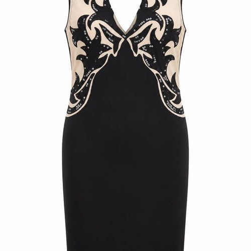 Lipsy Womens Black Geometric Polyester Pencil Dress Size 12 V-Neck Pullover - Plunging Neckline