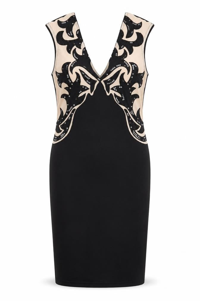 Lipsy Womens Black Geometric Polyester Pencil Dress Size 12 V-Neck Pullover - Plunging Neckline
