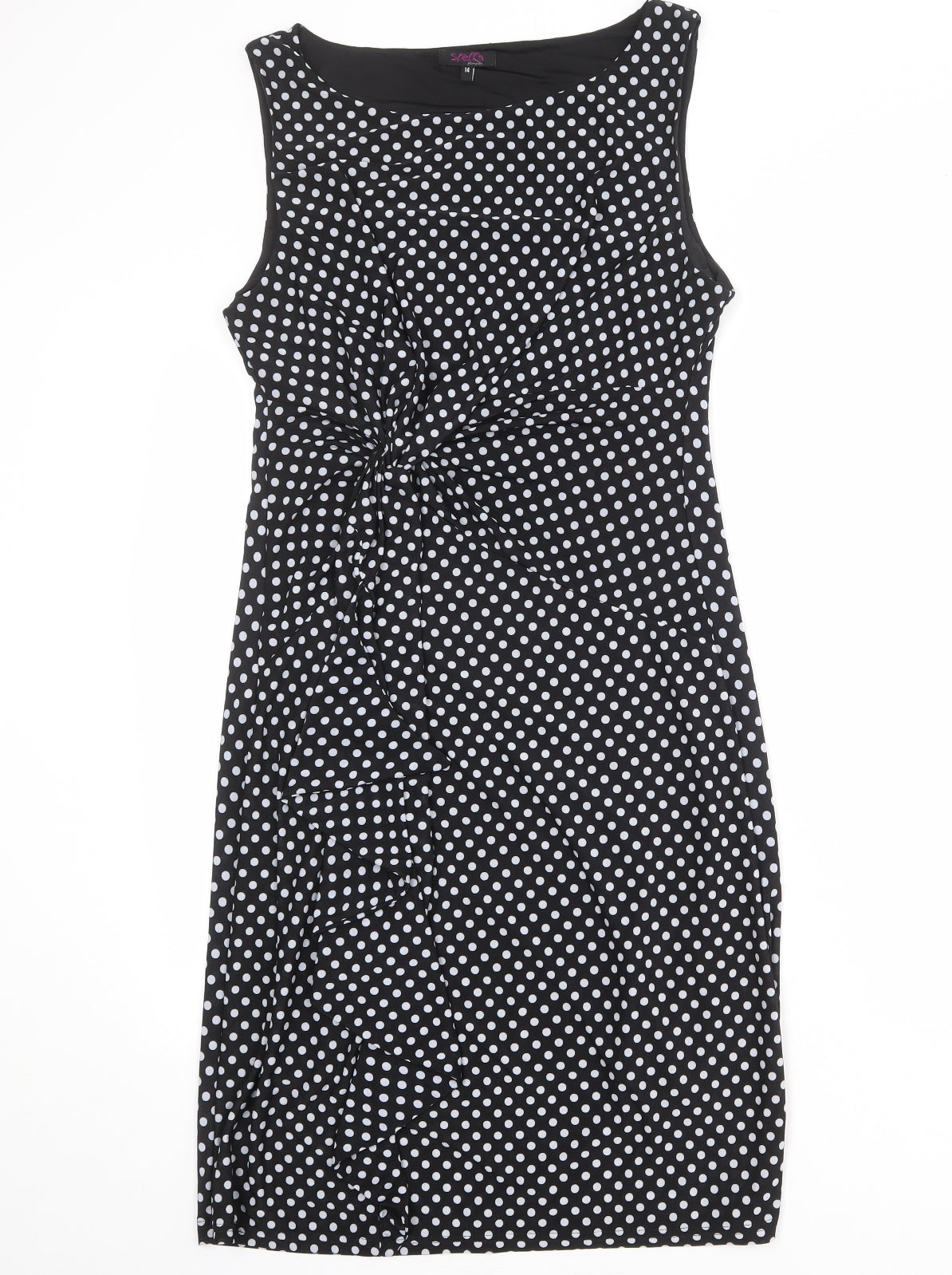Stella Morgan Womens Black Polka Dot Polyester Pencil Dress Size 14 Boat Neck Pullover - Knot Front Detail