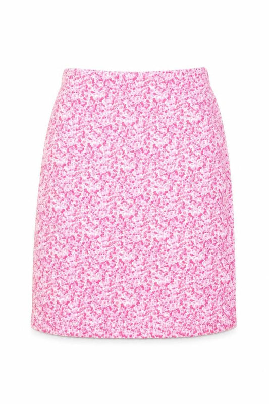 Front view of Topshop women’s pink floral cotton a-line skirt, size UK 12, zip
