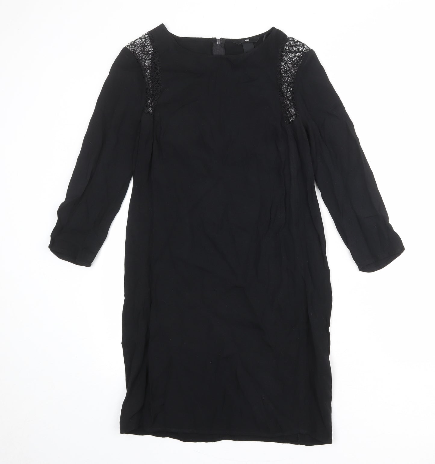 H&M Womens Black Viscose Sheath Size 8 Boat Neck Zip - Lace Detail