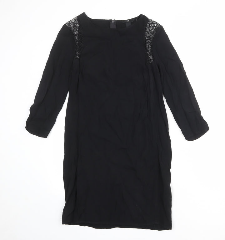 H&M Womens Black Viscose Sheath Size 8 Boat Neck Zip - Lace Detail