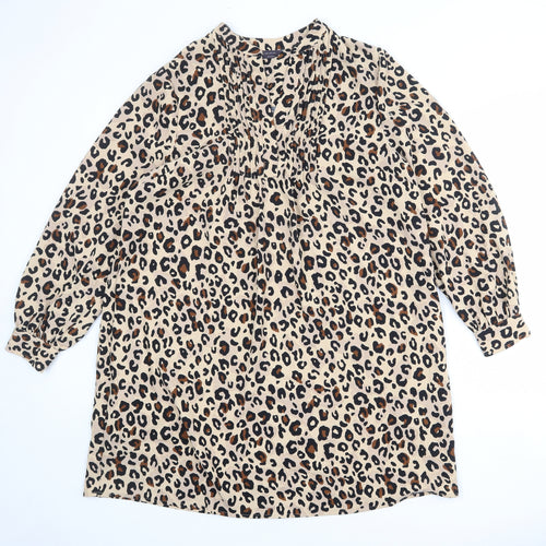 Marks and Spencer Womens Beige Animal Print Polyester Shift Size 14 V-Neck Button - Leopard Print