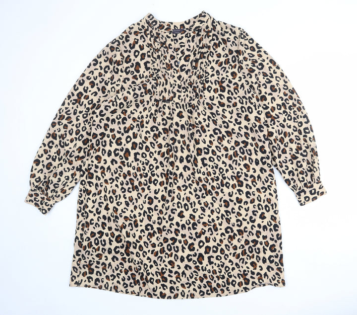 Marks and Spencer Womens Beige Animal Print Polyester Shift Size 14 V-Neck Button - Leopard Print