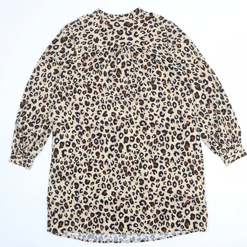 Marks and Spencer Womens Beige Animal Print Polyester Shift Size 14 V-Neck Button - Leopard Print