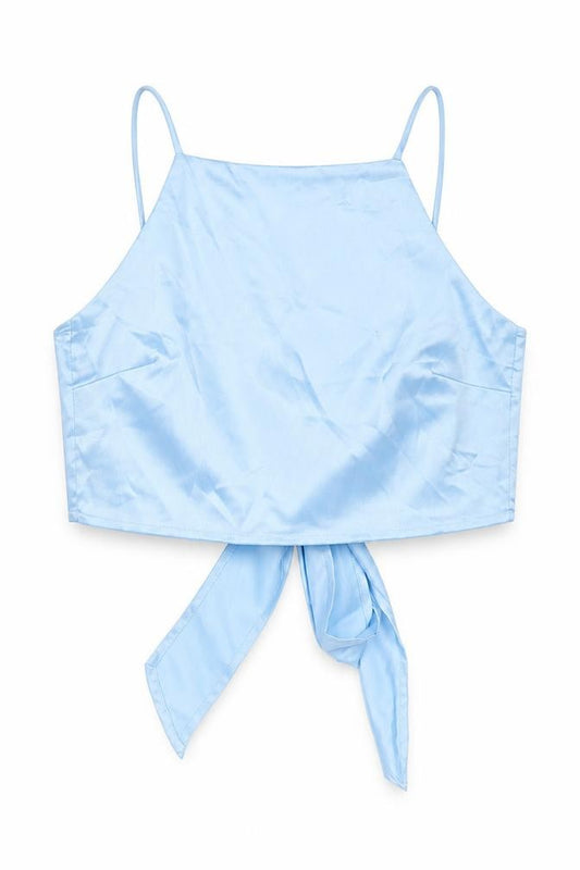 Front view of Glamorous women’s blue polyester cropped tank, size M, square neck - tie back
