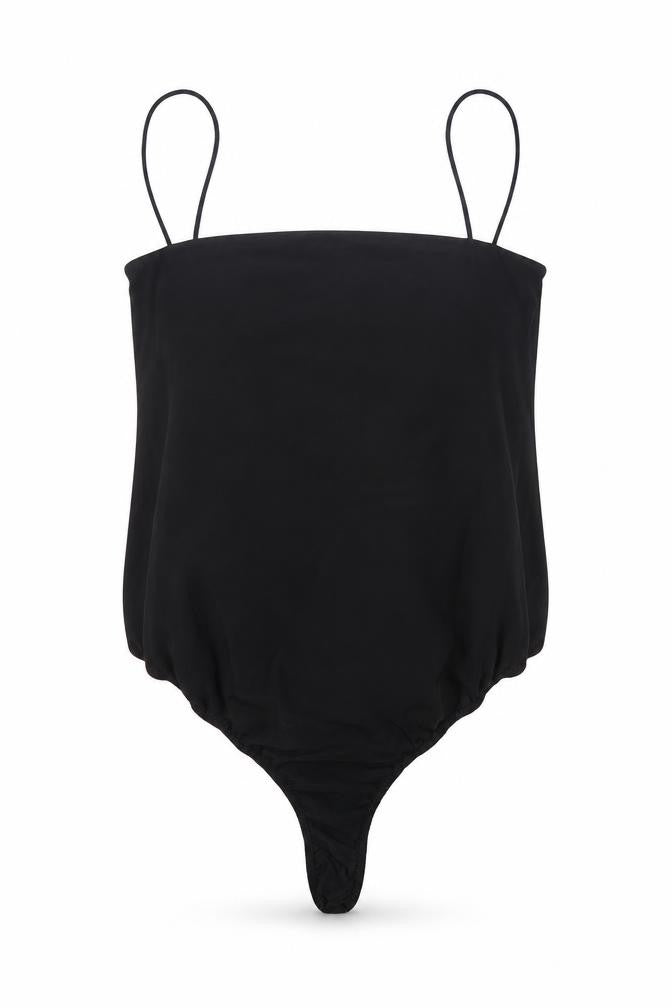 Front view of Missguided women’s black polyester bodysuit one-piece, size UK 8, snap