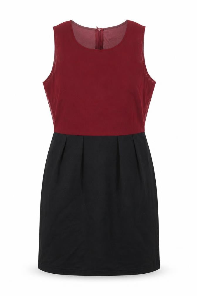 Front view of Purple women’s black colourblock polyester shift, size UK 8, boat neck zip