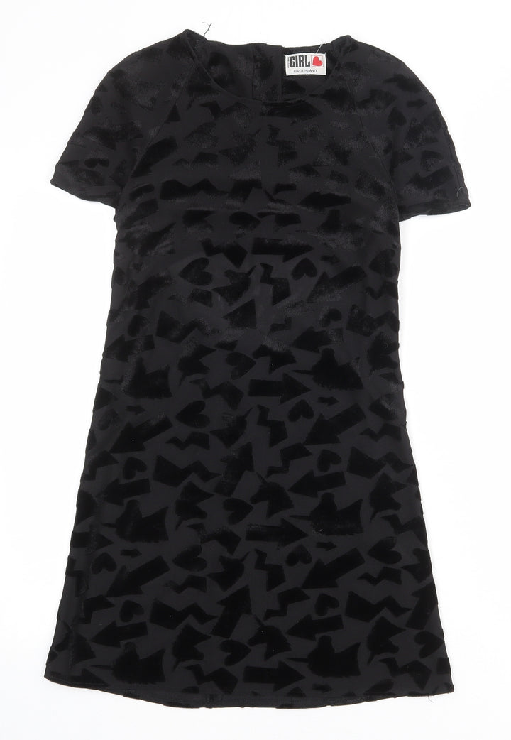 River Island Womens Black Geometric Polyester A-Line Size 8 Boat Neck Button