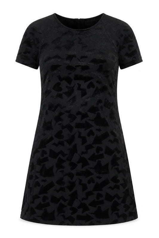 Front view of River Island women’s black geometric polyester a-line, size UK 8, boat neck button