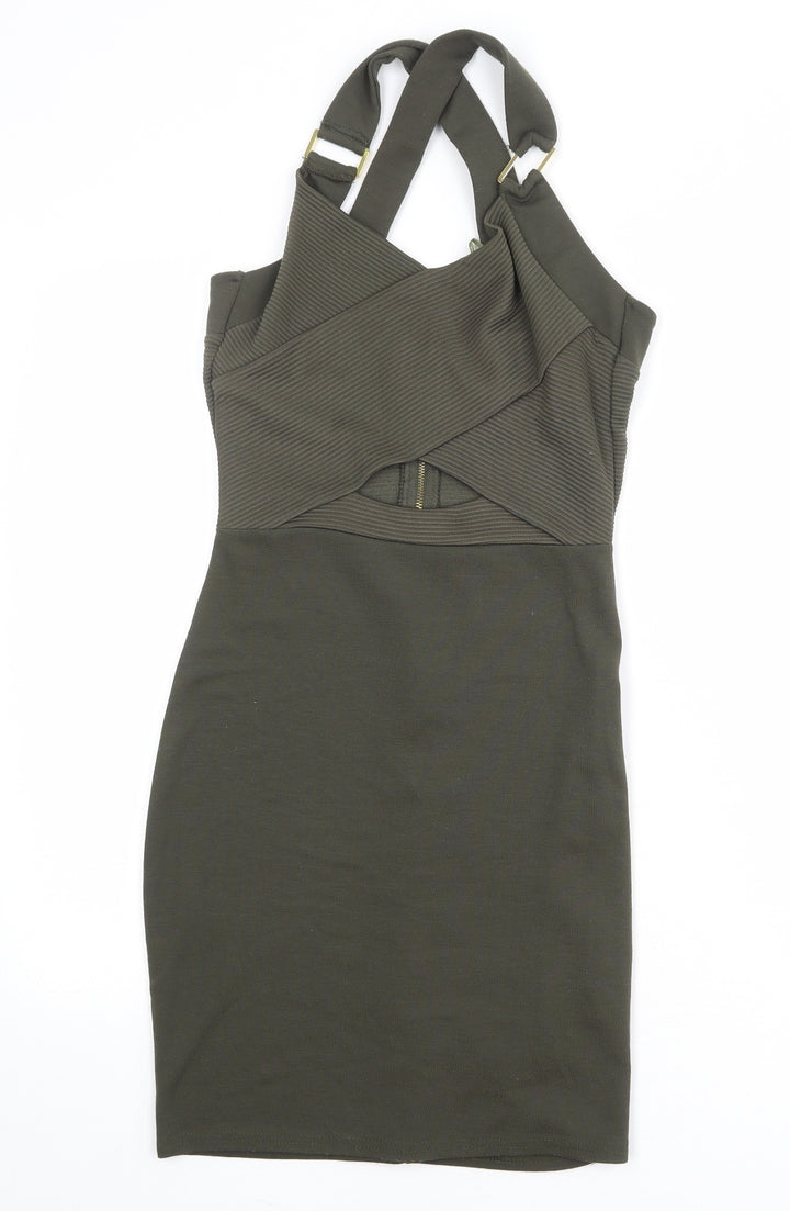 Feight Womens Green Polyester Bodycon Size 10 V-Neck Zip