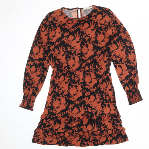 Oasis Womens Black Floral Polyester Fit & Flare Size S Round Neck Button