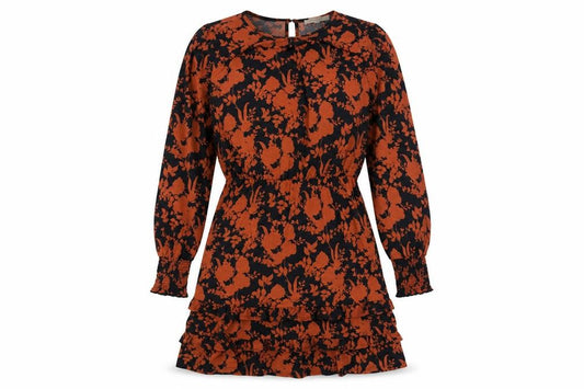 Front view of Oasis women’s black floral polyester fit & flare, size S, round neck button