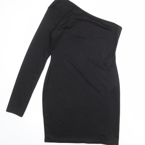 PRETTYLITTLETHING Womens Black Polyester Bodycon Size 12 One Shoulder Pullover