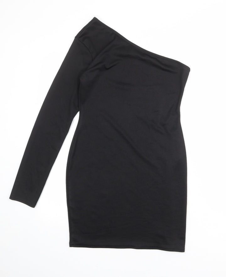 PRETTYLITTLETHING Womens Black Polyester Bodycon Size 12 One Shoulder Pullover