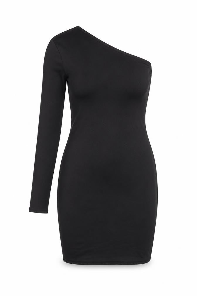 Front view of PRETTYLITTLETHING women’s black polyester bodycon, size UK 12, one shoulder pullover