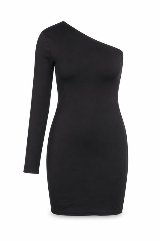 Front view of PRETTYLITTLETHING women’s black polyester bodycon, size UK 12, one shoulder pullover