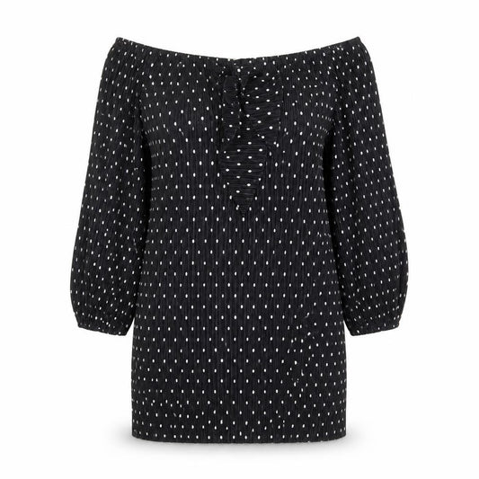 Front view of ASOS women’s black polka dot polyester a-line, size UK 6, off the shoulder tie