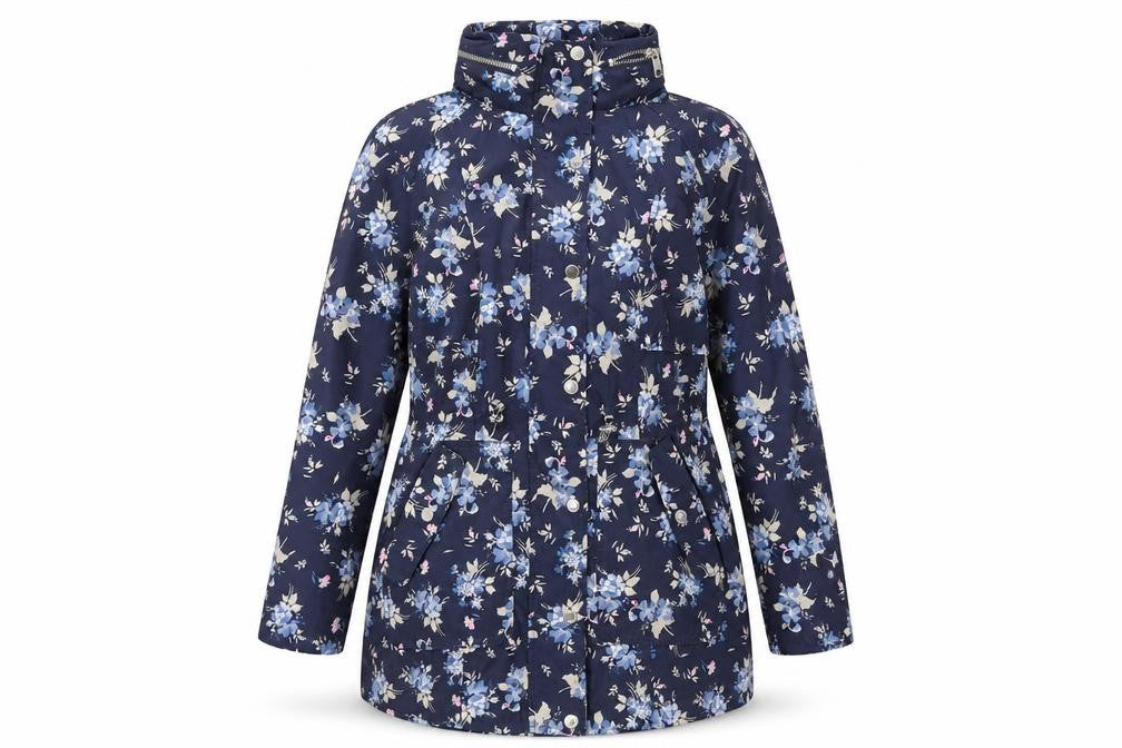 Front view of M&Co women’s blue floral jacket, size UK 8, zip