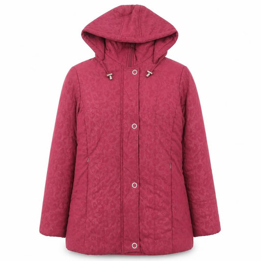 Front view of First Avenue women’s pink animal print jacket, size UK 12, zip