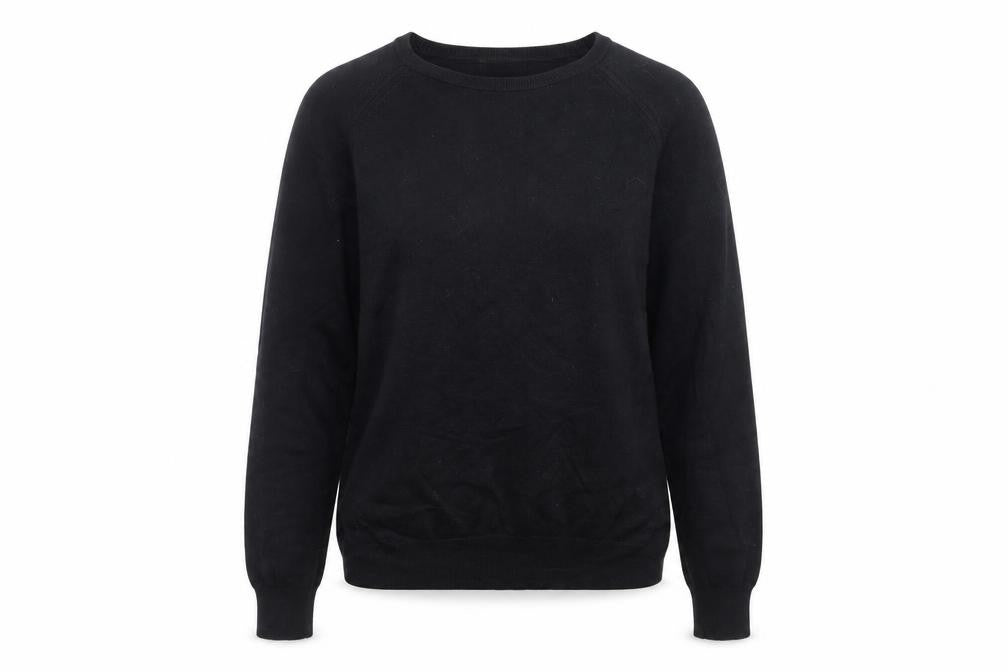 Front view of Dunnes women’s black round neck viscose jumper, size M