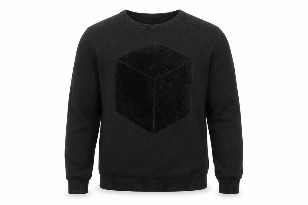 Front view of Refectory men’s black round neck cotton jumper, size S, long sleeve - cube