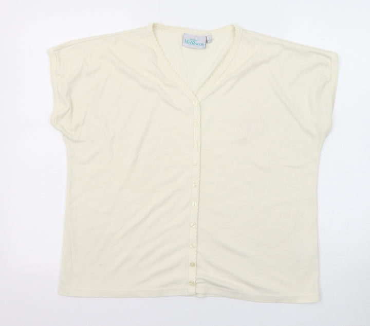 EWM Womens Beige Polyester Basic Button-Up Size 14 V-Neck