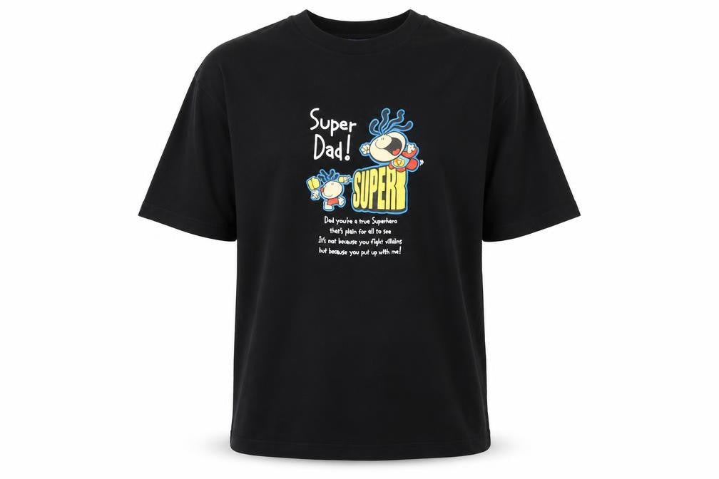 Front view of Bubblegum men’s black polyester t-shirt, size M, round neck - super dad