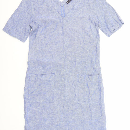 Marks and Spencer Womens Blue Linen Pencil Dress Size 6 V-Neck Pullover
