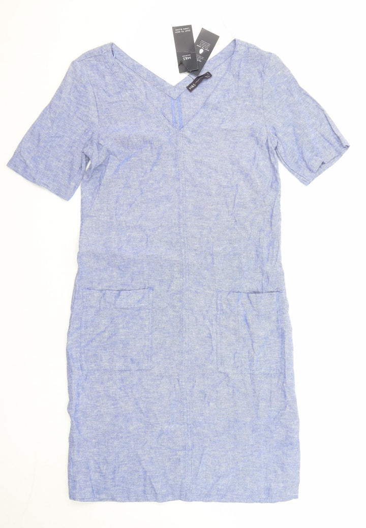 Marks and Spencer Womens Blue Linen Pencil Dress Size 6 V-Neck Pullover