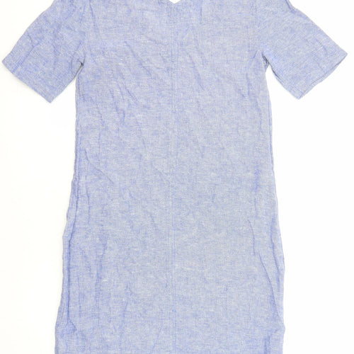 Marks and Spencer Womens Blue Linen Pencil Dress Size 6 V-Neck Pullover