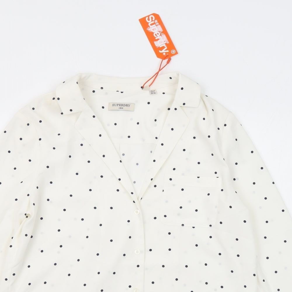 Superdry Womens White Polka Dot Polyester Basic Button-Up Size 10 Collared