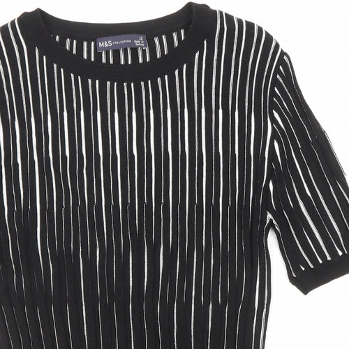 Marks and Spencer Womens Black Round Neck Striped Viscose Pullover Jumper Size 12