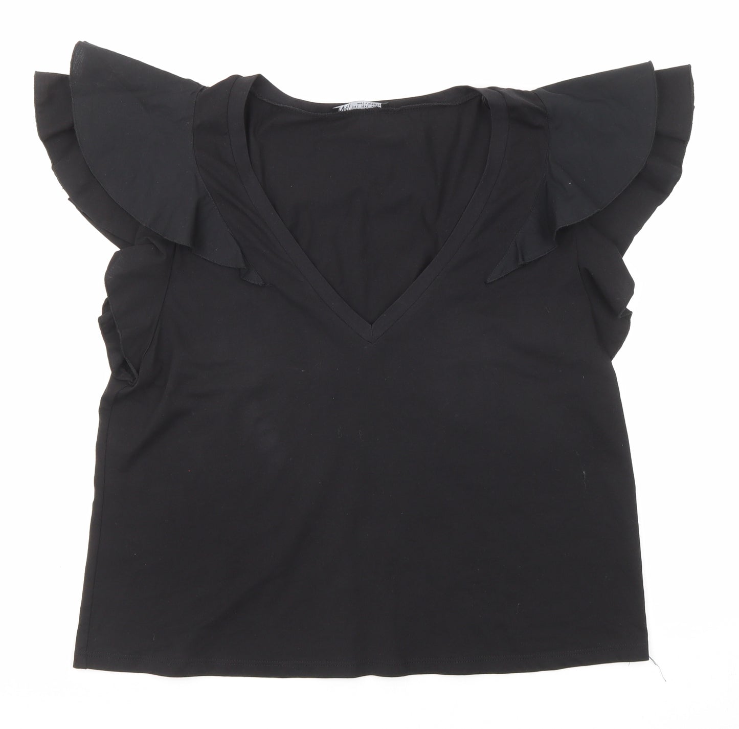 Zara Womens Black Polyester Basic Blouse Size L V-Neck