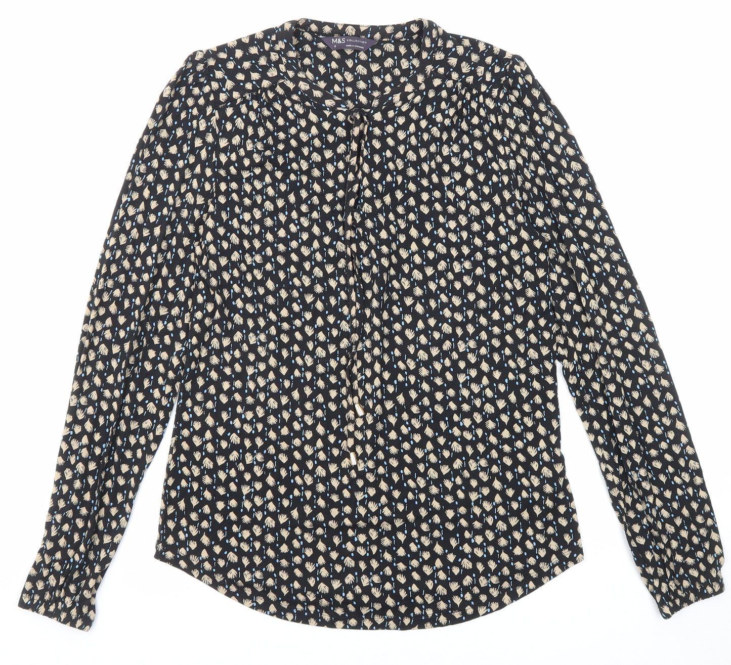 Marks and Spencer Womens Black Geometric Viscose Basic Blouse Size 6 Round Neck